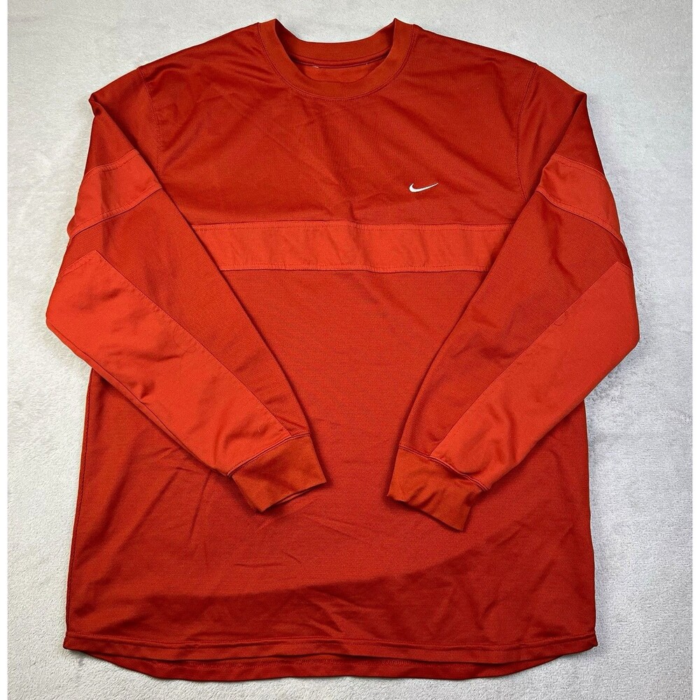 Nike Men L Orange Long Sleeve Crewneck Pullover Mesh Polyester Logo Activewear